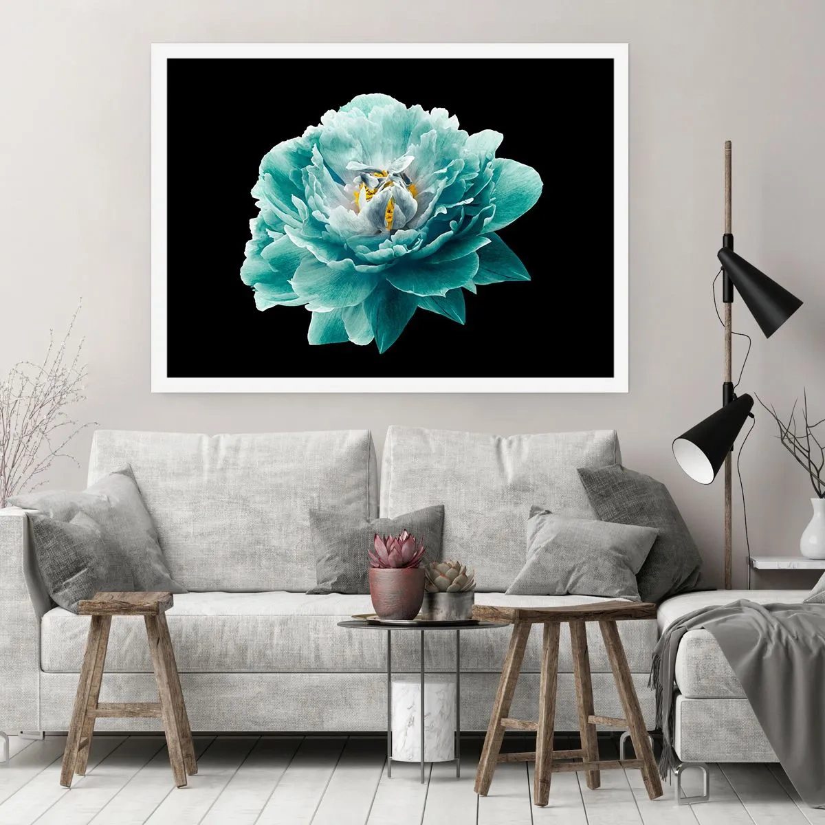 Plakat - Blå og gyldne kronblade - 100x70 cm