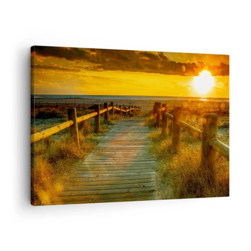 Lærredstryk - Billede på lærred - En træsti, der fører til stranden i den nedgående sols skær - 70x50cm - Badet i gammelt guld - Moderne vægdekoration til stue og soveværelse ARTTOR