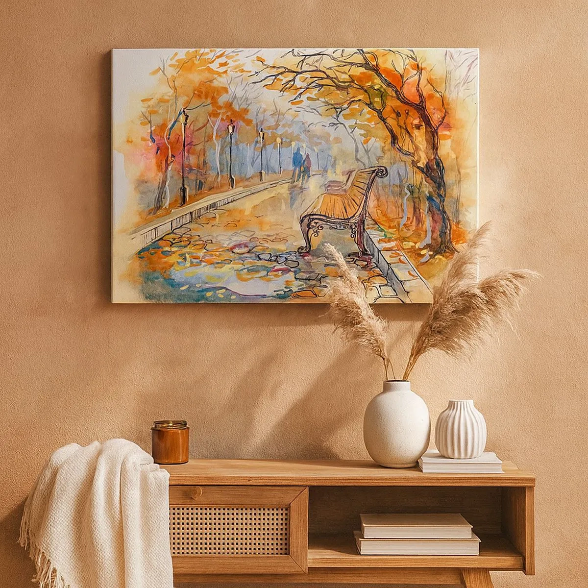 Lærredstryk - Billede på lærred - En efterårspark med en bænk i akvarel - 70x50cm - Gå sammen ind i efteråret - Moderne vægdekoration til stue og soveværelse ARTTOR