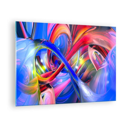 Billede på glas - Abstrakte, farverige linjer og energisk dynamik - 70x50cm - En dans af farver - Moderne vægdekoration til stue og soveværelse ARTTOR