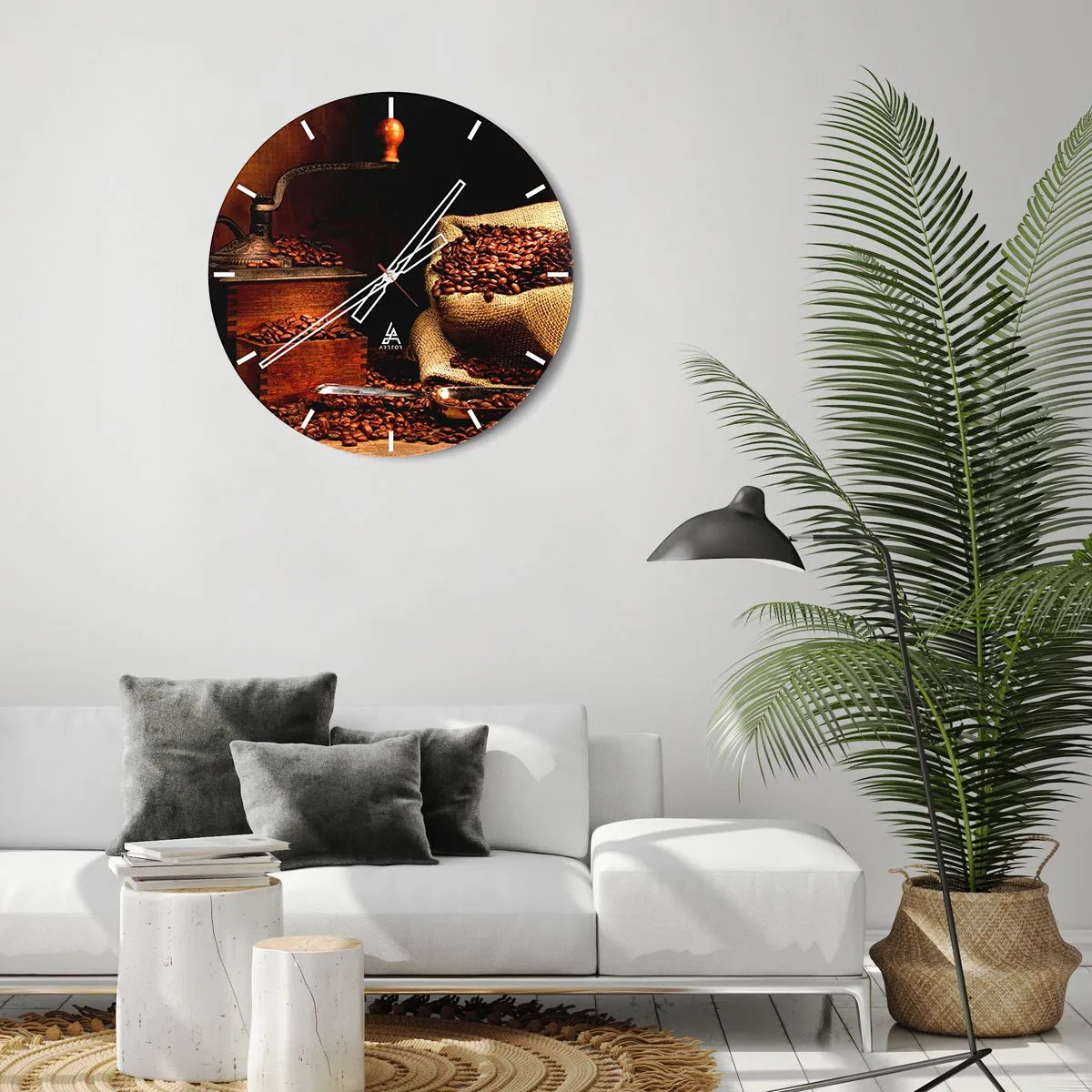 Vægur, Uret - Stilleben med kaffebønner og kværn - 30x30 cm