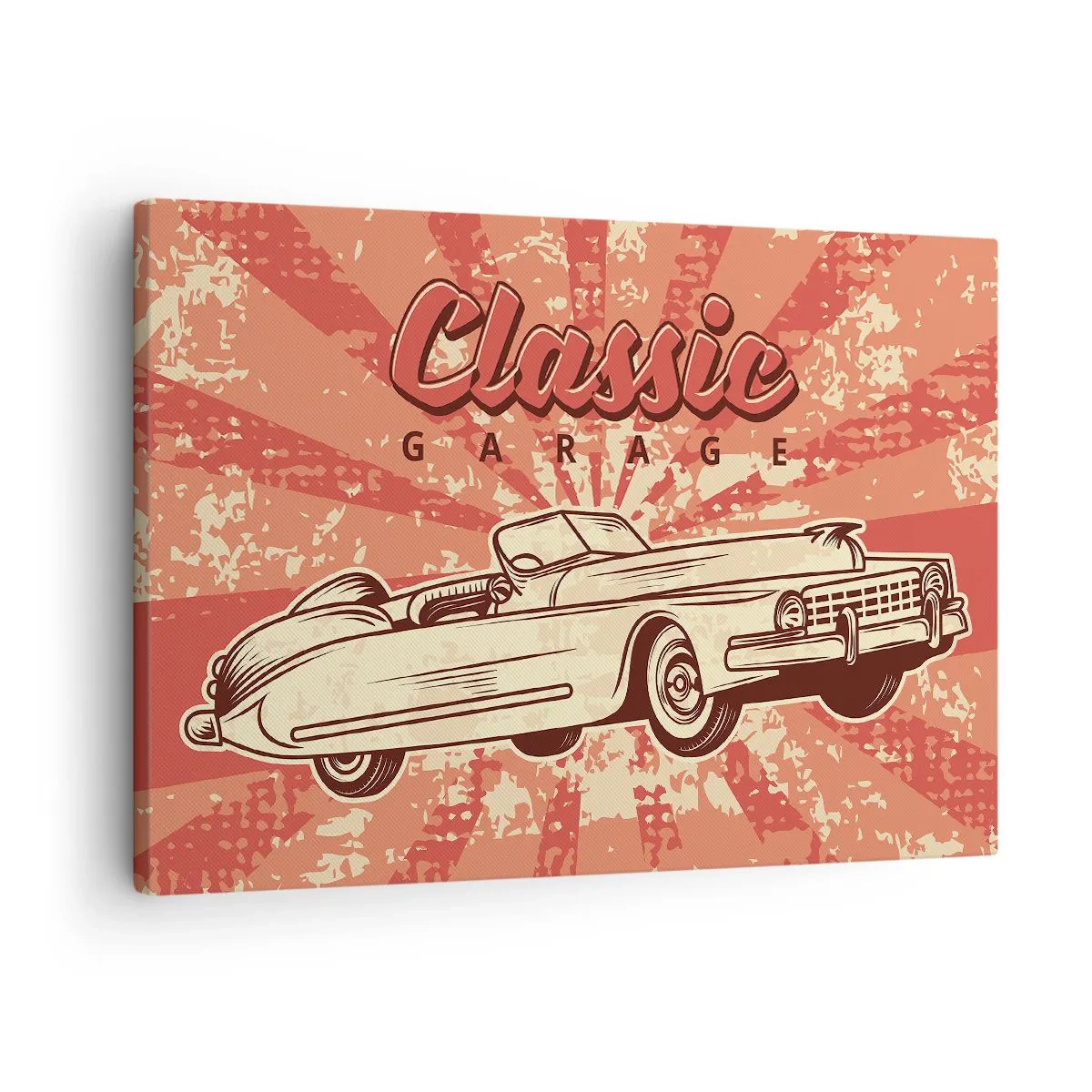 Lærredstryk - Billede på lærred - Retro plakat med en klassisk bil og ordene Classic Garage - 70x50cm - Og i radioen Elvis - Moderne vægdekoration til stue og soveværelse ARTTOR
