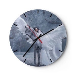 Vægur, Uret - En kvinde ved en hvid hest med udbredte vinger - 30x30cm - Inspireret øjeblik - Moderne vægdekoration til stue, køkken og soveværelse ARTTOR