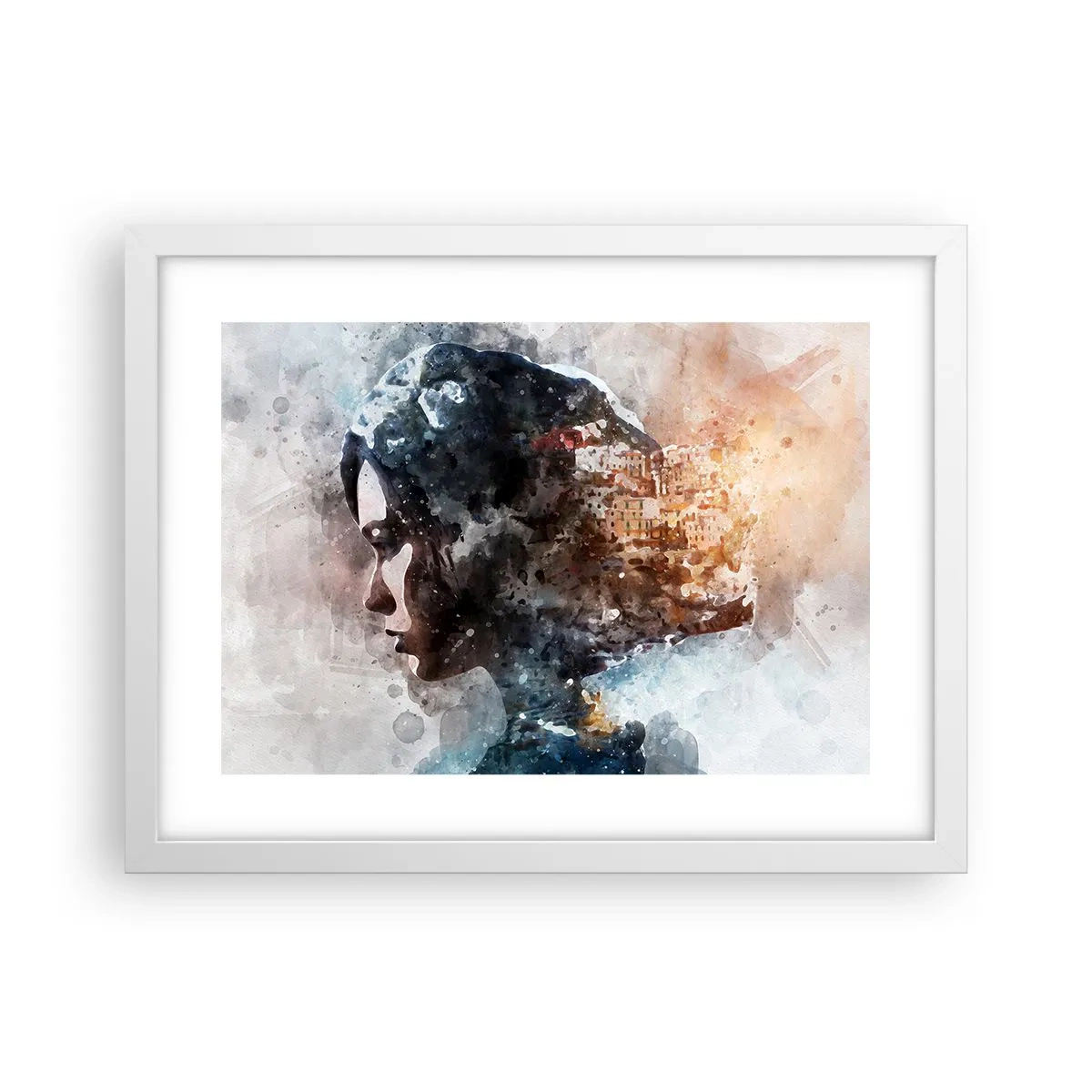 Plakat i hvid ramme - Historien om en pige med en by i baggrunden - 40x30 cm