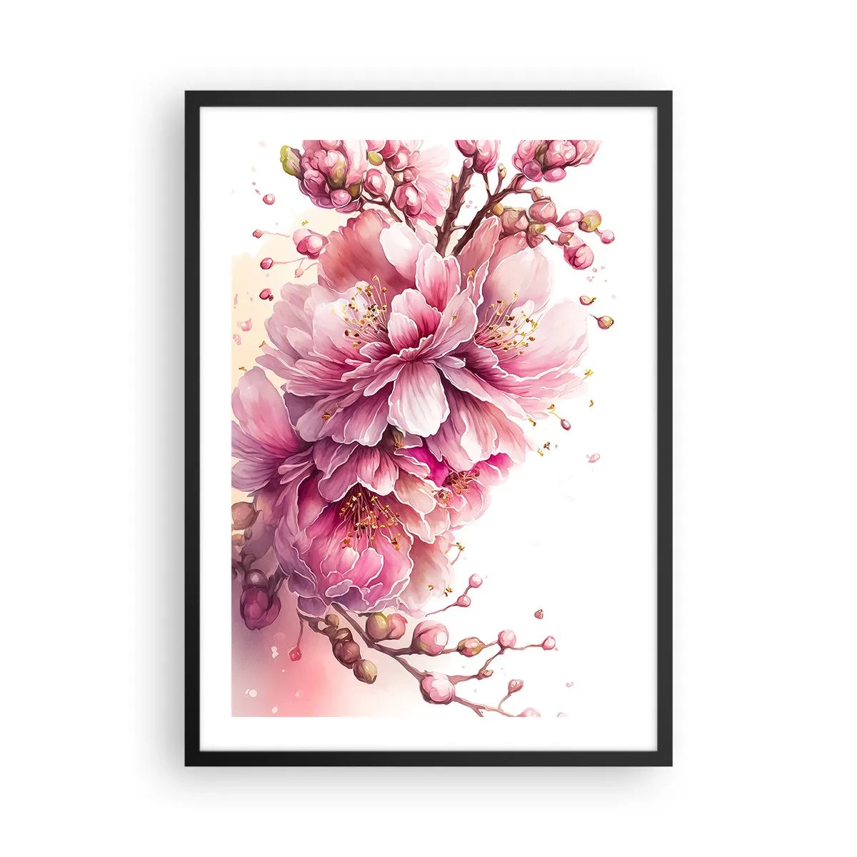 Plakat i sort ramme - Delikate lyserøde kirsebærblomster i fuldt flor mod en lys baggrund - 50x70cm - Kirsebærblomst - Moderne vægdekoration til stue og soveværelse ARTTOR