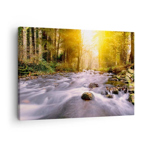Lærredstryk - Billede på lærred - En skovbæk oplyst af solens stråler - 70x50cm - Malachit i sølv- og guldfatning - Moderne vægdekoration til stue og soveværelse ARTTOR