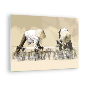 Billede på glas - En minimalistisk illustration af landmænd, der arbejder - 70x50cm - God høst - Moderne vægdekoration til stue og soveværelse ARTTOR