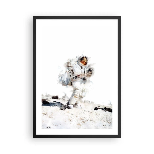 Plakat i sort ramme - En astronaut i rumdragt på månens overflade - 50x70cm - Jordens budbringer - Moderne vægdekoration til stue og soveværelse ARTTOR