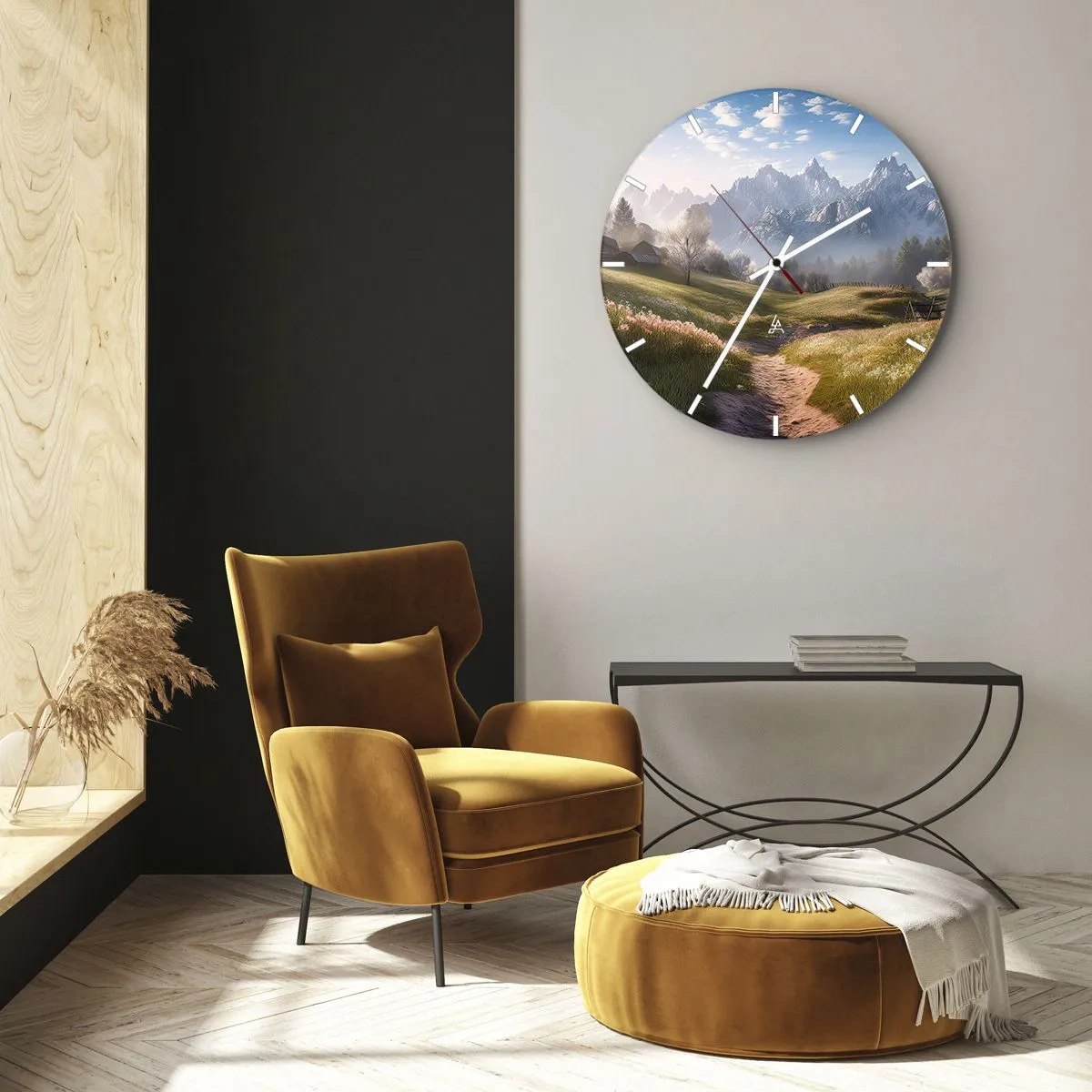 Vægur, Uret - Et bjerglandskab med en dal, en sti og idylliske hytter - 30x30cm - Idyllisk dal - Moderne vægdekoration til stue, køkken og soveværelse ARTTOR