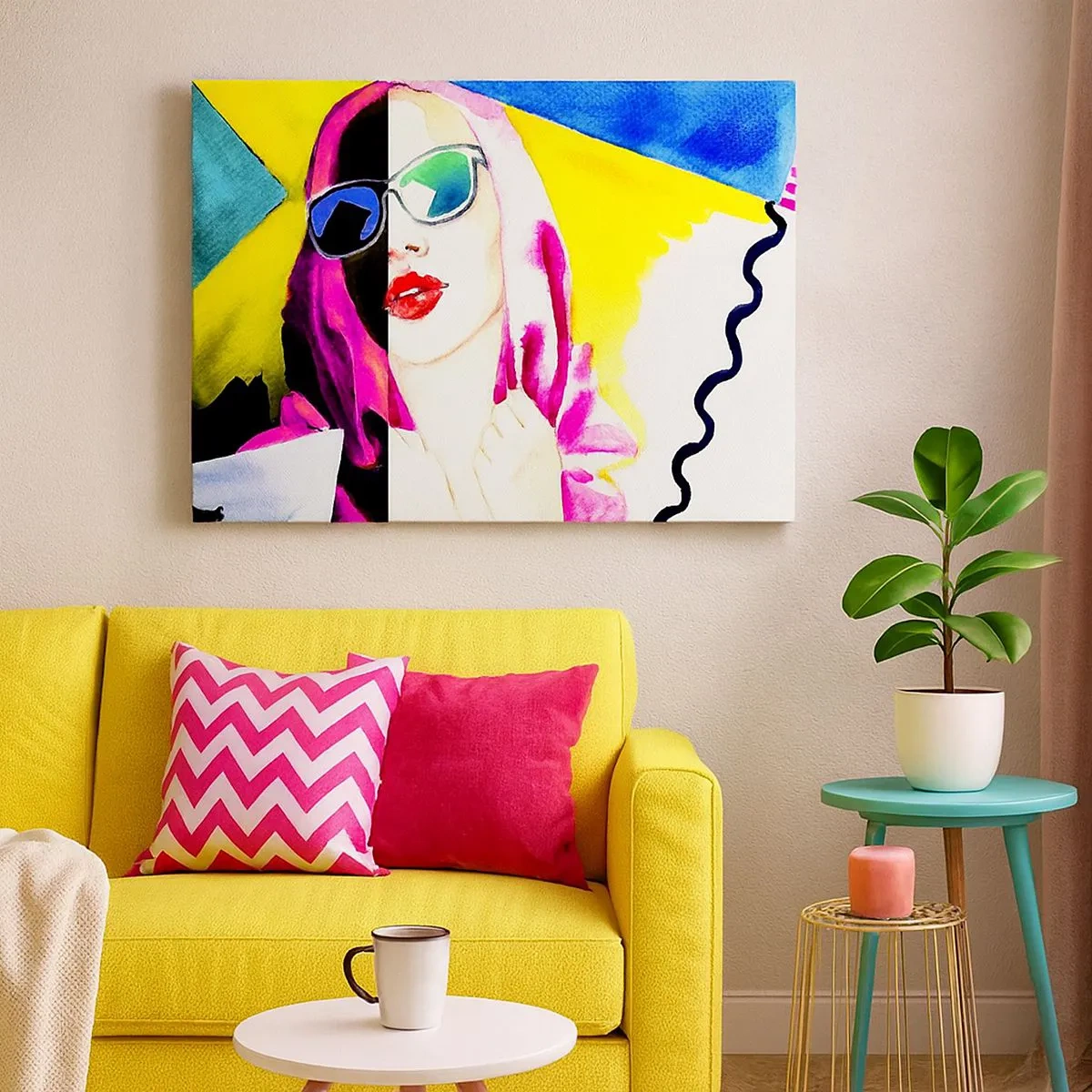 Lærredstryk - Billede på lærred - Farverigt portræt af en kvinde med solbriller - 70x50cm - Jeg er ikke hvid, og jeg er ikke sort - Moderne vægdekoration til stue og soveværelse ARTTOR