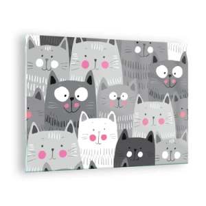 Billede på glas - Sjove katte i grå farver på en hvid baggrund - 70x50cm - Kattens verden - Moderne vægdekoration til stue og soveværelse ARTTOR