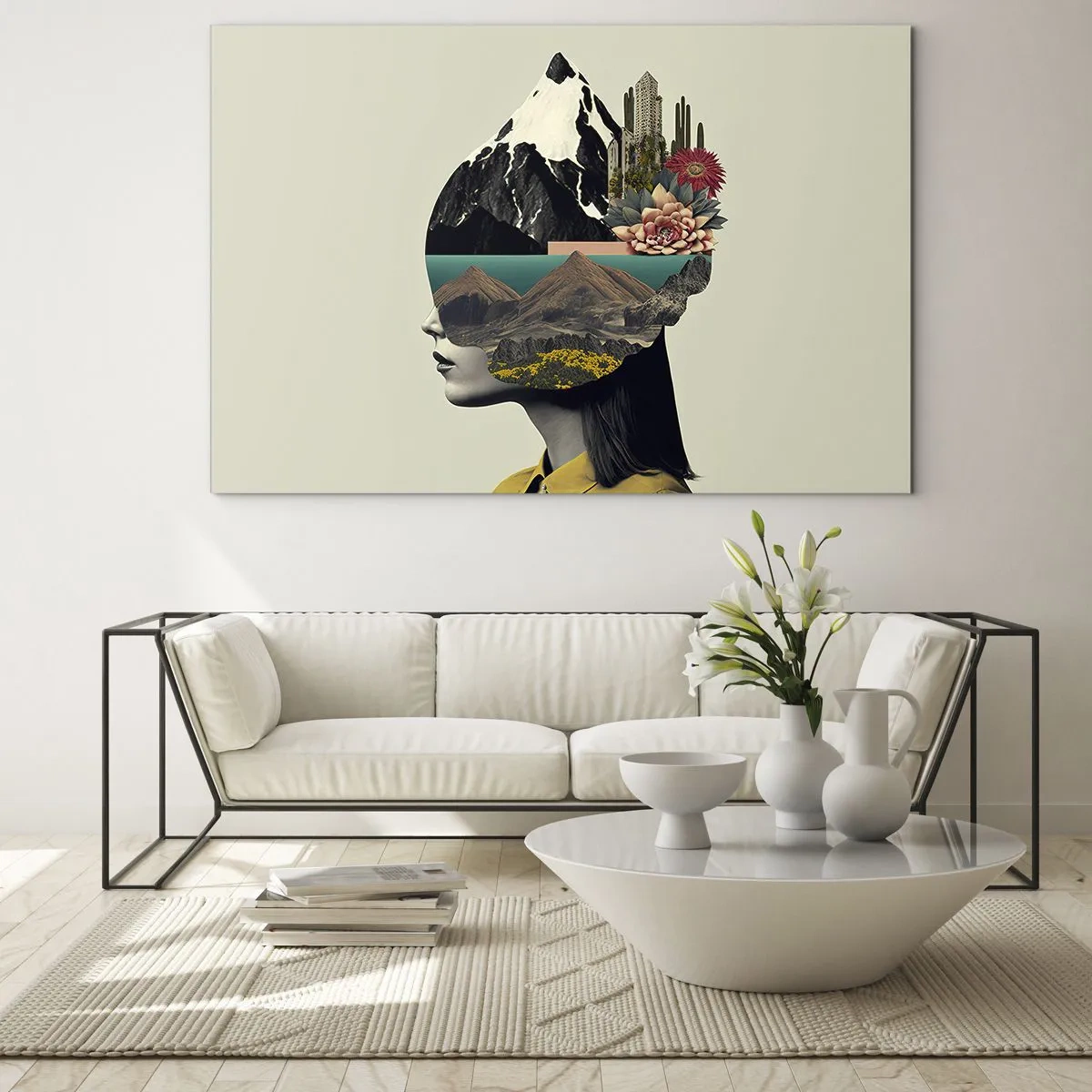 Billede på glas - Silhuet af en kvinde med et bjerglandskab og flora i hovedet - 70x50cm - Kvinden - altid et mysterium - Moderne vægdekoration til stue og soveværelse ARTTOR