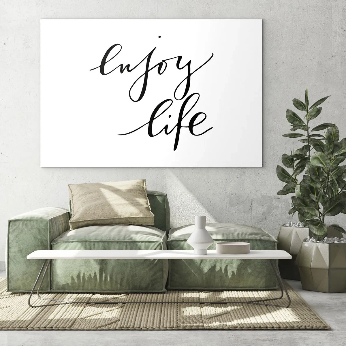 Billede på glas - Minimalistisk 'Nyd livet'-indskrift i sort på hvid baggrund - 70x50cm - Intet at tilføje… - Moderne vægdekoration til stue og soveværelse ARTTOR