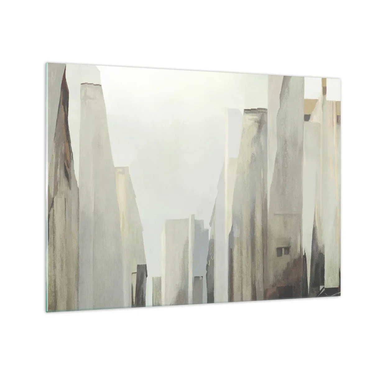 Billede på glas - En abstrakt vision af bybygninger i en afdæmpet palet - 70x50cm - En drøm om byen - Moderne vægdekoration til stue og soveværelse ARTTOR
