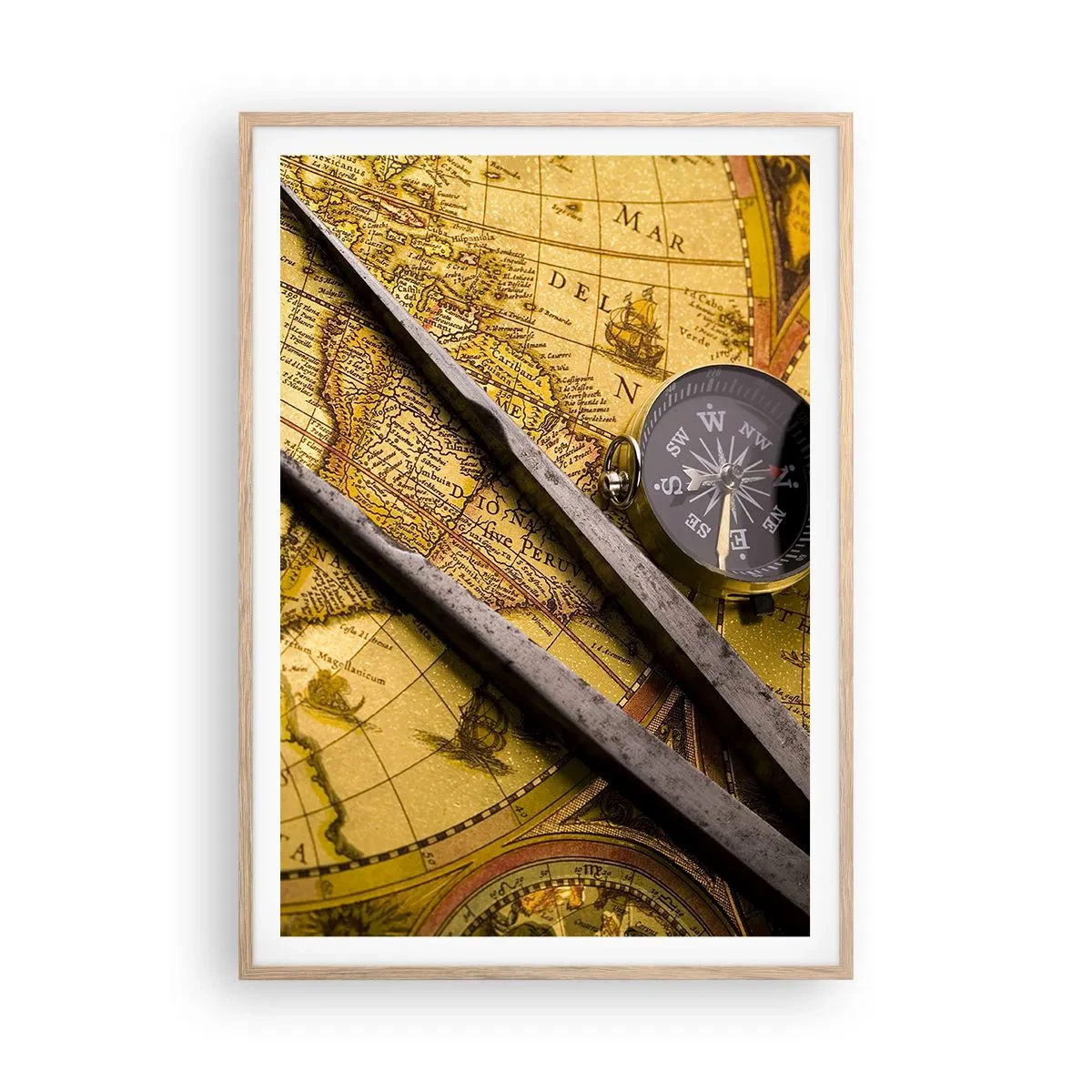 Plakat i ramme af lyst egetræ - Hvor er skattene? - 70x100 cm