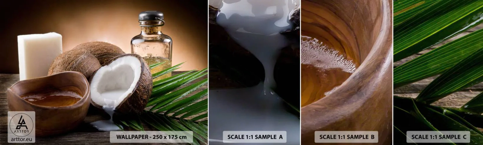 Prøve Fototapet Selvklæbende Deluxe Sticker - Sundhed fra de tropiske øer - Kokosnød, Spa, Kokosolie - 100x30 cm