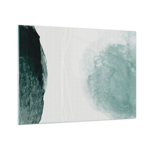 Billede på glas - Grønne abstrakte former på en lys baggrund, der ligner tåge - 70x50cm - Et møde med tåge - Moderne vægdekoration til stue og soveværelse ARTTOR