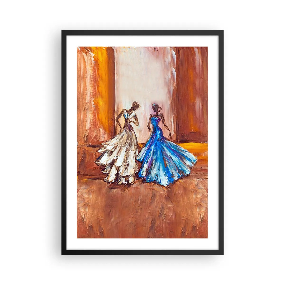 Plakat i sort ramme - To kvinder i kjoler mod en gylden baggrund af et interiør - 50x70cm - Den taknemmelige duo - Moderne vægdekoration til stue og soveværelse ARTTOR