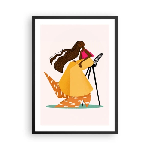 Plakat i sort ramme - En stiliseret kvindefigur i varme farver mod en abstrakt baggrund. - 50x70cm - Mode er også sjovt - Moderne vægdekoration til stue og soveværelse ARTTOR