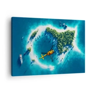 Lærredstryk - Billede på lærred - En tropisk ø omgivet af turkisblåt vand med en helikopter i sigte - 70x50cm - Køb en ø - Moderne vægdekoration til stue og soveværelse ARTTOR