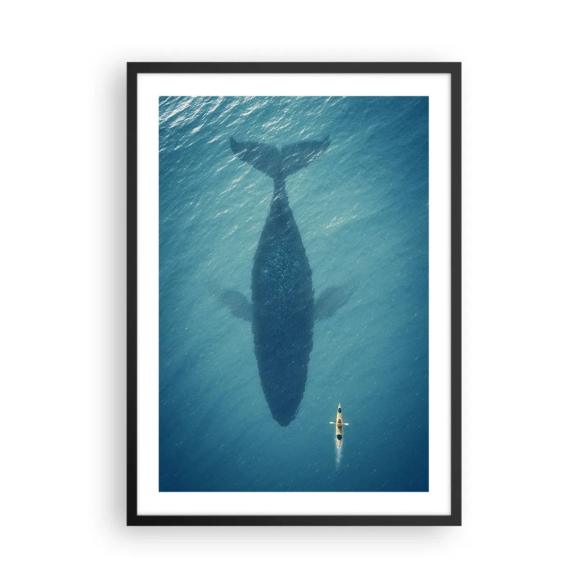Plakat i sort ramme - Kajak på vandet over skyggen af en kæmpe hval - 50x70cm - Møde på havet - Moderne vægdekoration til stue og soveværelse ARTTOR