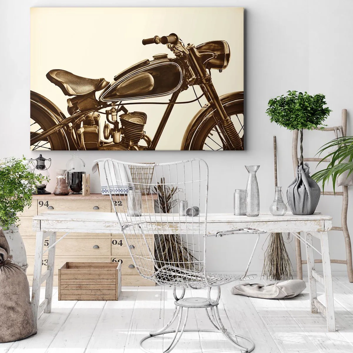 Lærredstryk - Billede på lærred - En vintage retro motorcykel på en lys baggrund - 70x50cm - Længsel efter klassikerne - Moderne vægdekoration til stue og soveværelse ARTTOR