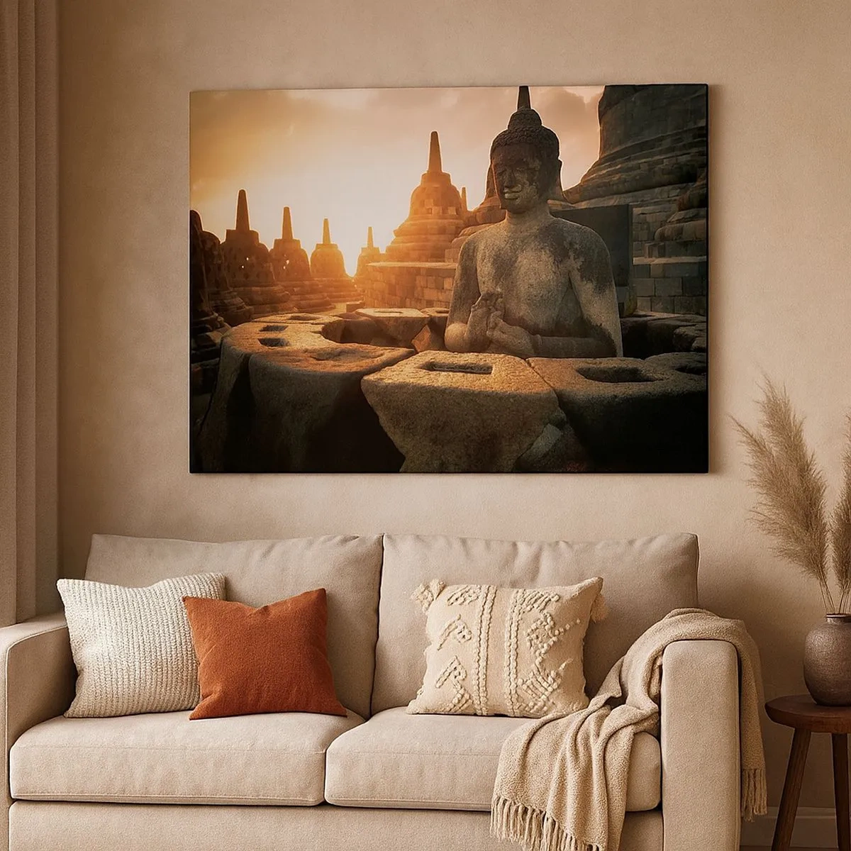 Lærredstryk - Billede på lærred - Buddha-statue ved Borobudur-templet ved solnedgang - 70x50cm - Vejr med stor visdom - Moderne vægdekoration til stue og soveværelse ARTTOR