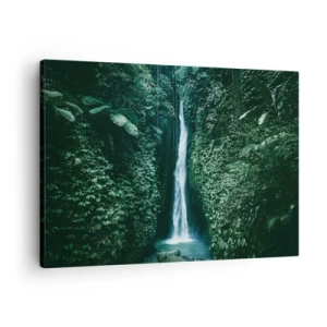 Lærredstryk - Billede på lærred - Et vandfald omgivet af tæt tropisk vegetation - 70x50cm - Tropisk spa - Moderne vægdekoration til stue og soveværelse ARTTOR