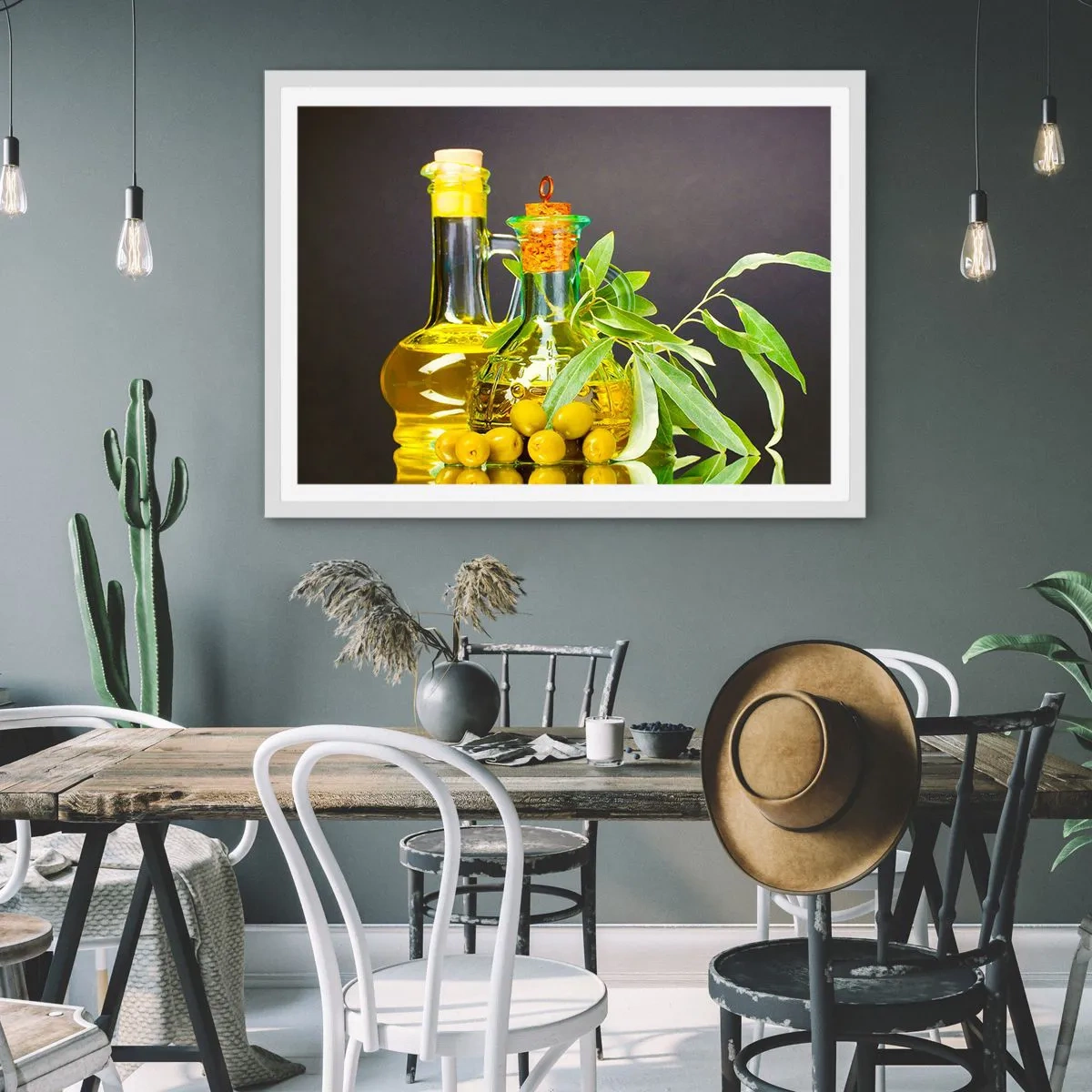 Plakat i hvid ramme - Stilleben med oliven og olie - 100x70 cm