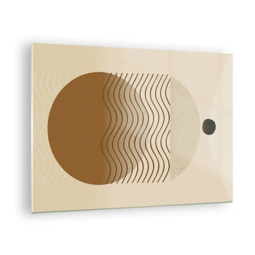 Billede på glas - Geometrisk komposition med bølger og cirkler i beige farver - 70x50cm - Om geometriske figurers oprindelse - Moderne vægdekoration til stue og soveværelse ARTTOR