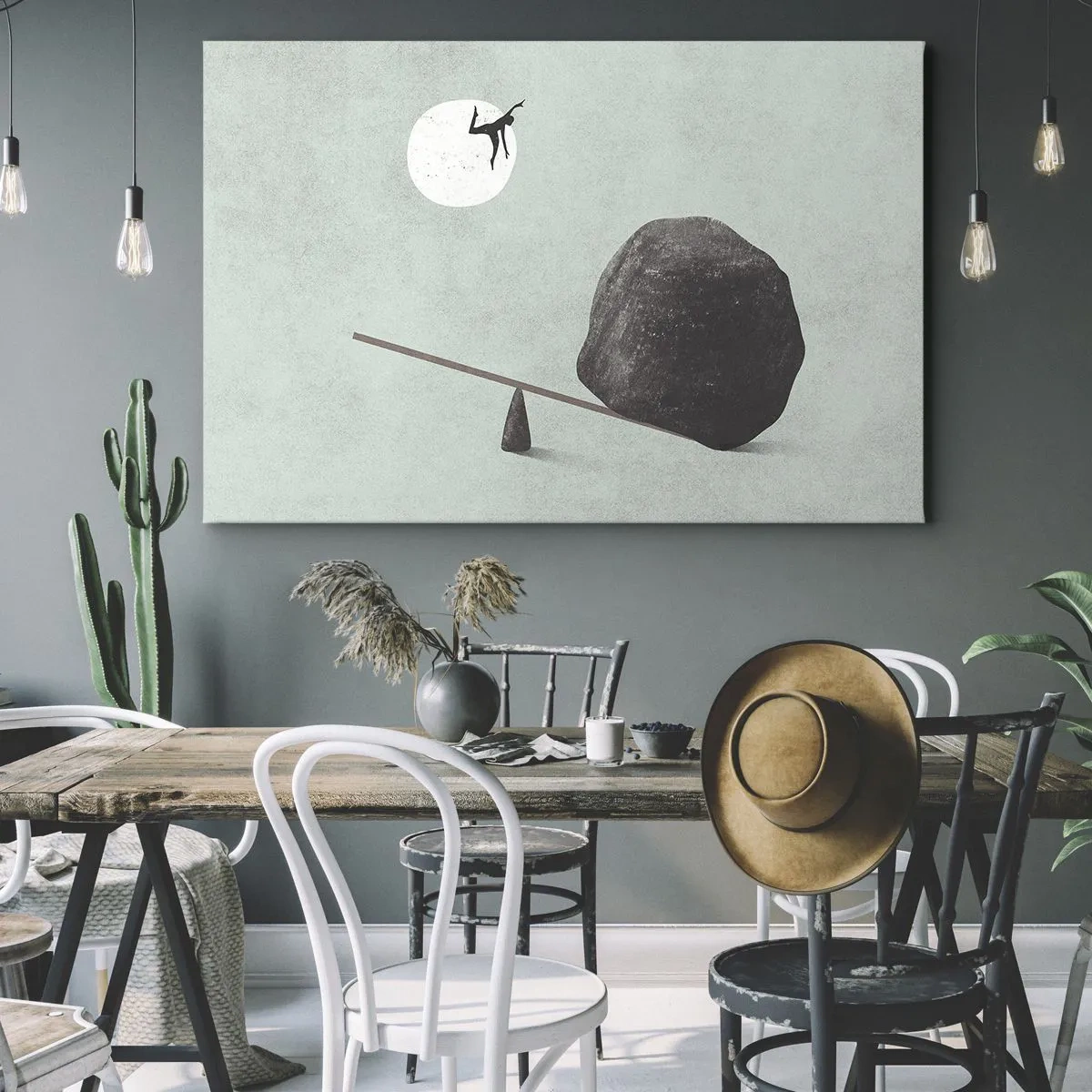 Lærredstryk - Billede på lærred - En symbolsk scene med en figur og balance mod en lys himmel. - 70x50cm - En drøm går i opfyldelse - Moderne vægdekoration til stue og soveværelse ARTTOR