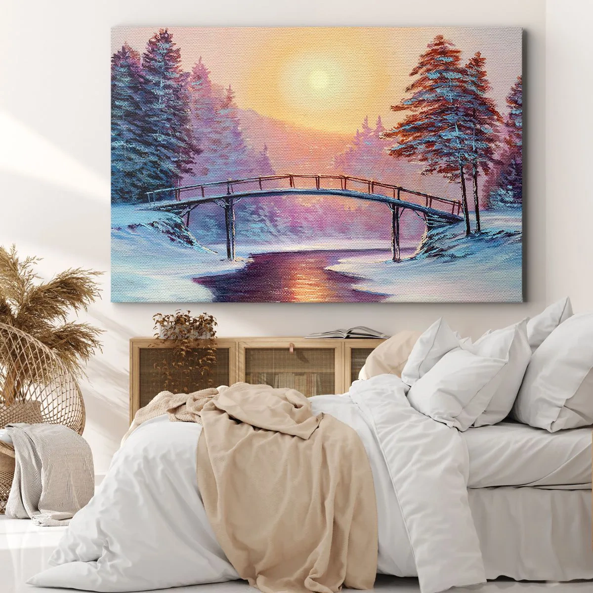 Lærredstryk - Billede på lærred - Vinterlandskab med en bro oplyst af solnedgangen - 70x50cm - De fire årstider - vinter - Moderne vægdekoration til stue og soveværelse ARTTOR