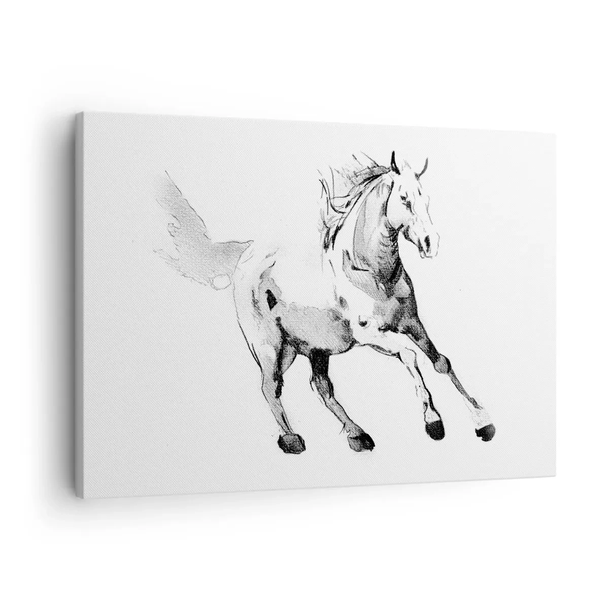 Lærredstryk - Billede på lærred - Skitse af en galoperende hest i sorte og hvide nuancer - 70x50cm - Utæmmet sjæl - Moderne vægdekoration til stue og soveværelse ARTTOR
