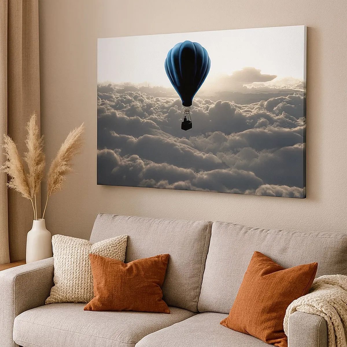 Lærredstryk - Billede på lærred - En varmluftballon mod en himmel med skyer ved solnedgang - 70x50cm - Vandringsmand over skyerne - Moderne vægdekoration til stue og soveværelse ARTTOR