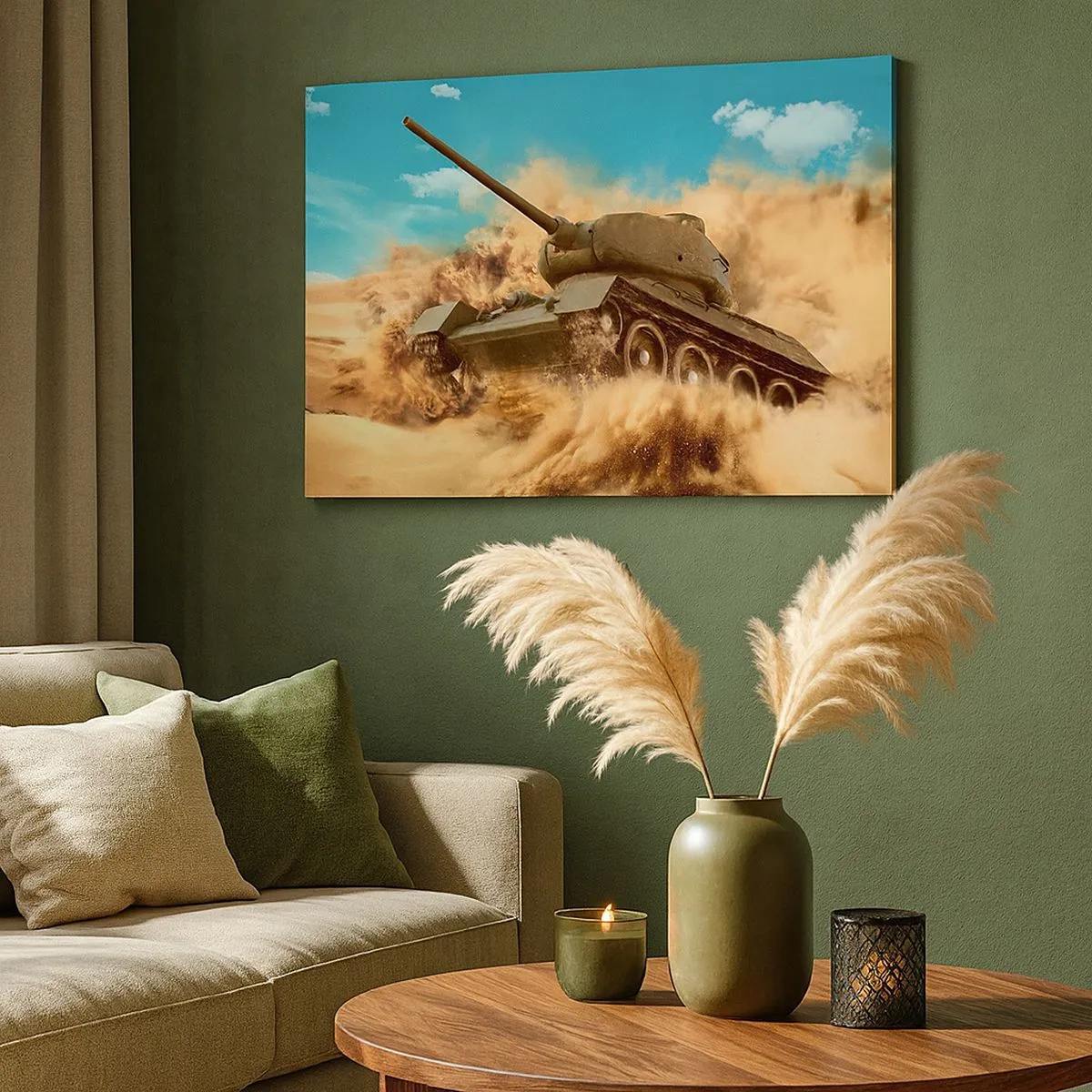 Lærredstryk - Billede på lærred - En tank i aktion i ørkenen, omgivet af sandstøv. - 70x50cm - Ikke at slå - Moderne vægdekoration til stue og soveværelse ARTTOR