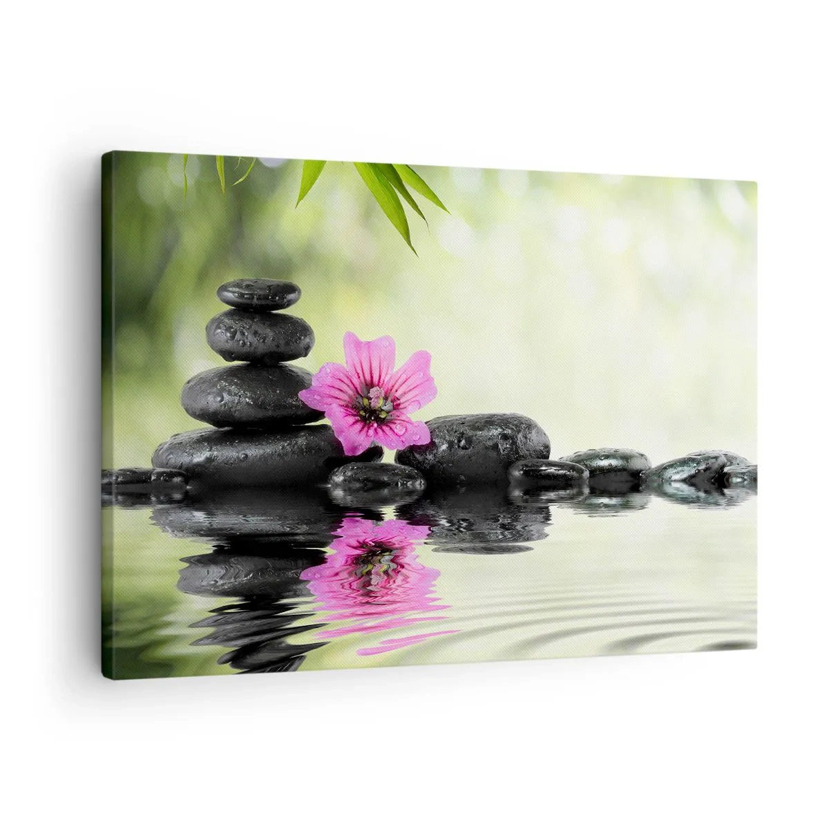 Lærredstryk - Billede på lærred - Zensten og en lyserød blomst reflekteret i vandet - 70x50cm - Tid til sjælen - Moderne vægdekoration til stue og soveværelse ARTTOR