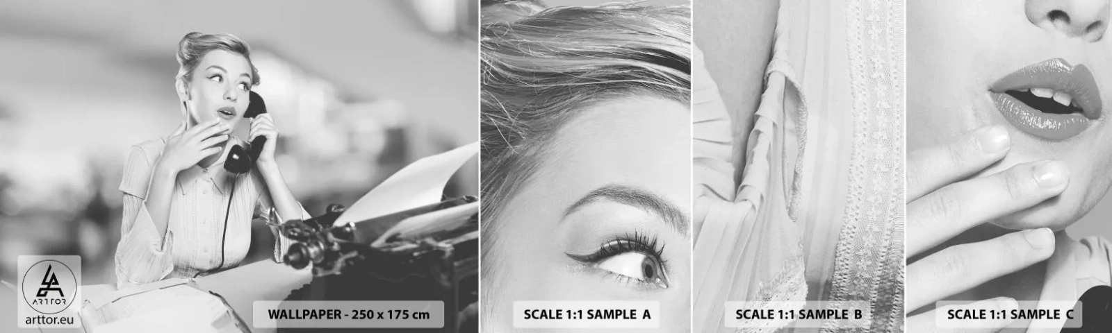 Prøve Fototapet Selvklæbende Deluxe Sticker - Hej, vi er i 1950'erne. - Årgang, Sort og hvid, Retro - 100x30 cm