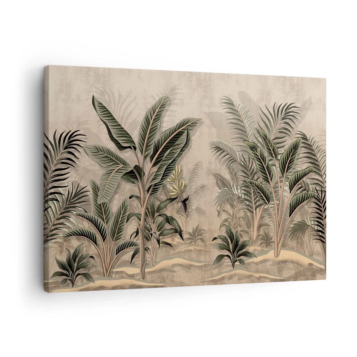 Lærredstryk - Billede på lærred - Palmer og tropisk vegetation i grønne nuancer på en beige baggrund - 70x50cm - Gravering i kolonistil - Moderne vægdekoration til stue og soveværelse ARTTOR