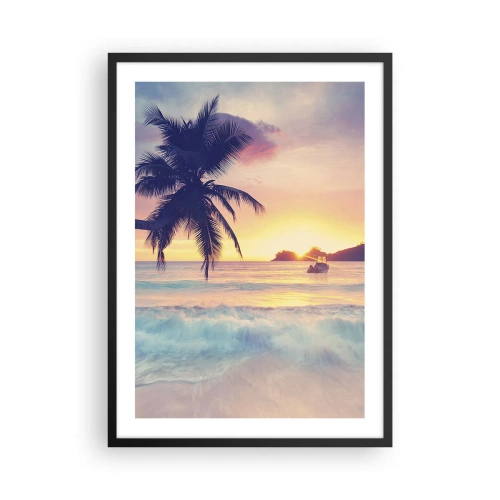 Plakat i sort ramme - Palme på stranden under solnedgang - 50x70cm - En aften i bugten - Moderne vægdekoration til stue og soveværelse ARTTOR