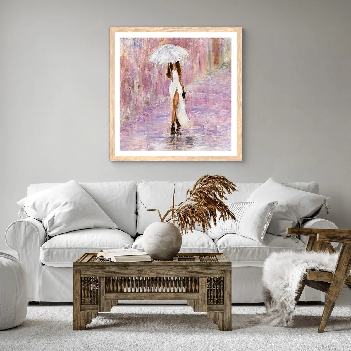 Plakat i ramme af lyst egetræ - I den syrenrøde regn - 30x30 cm