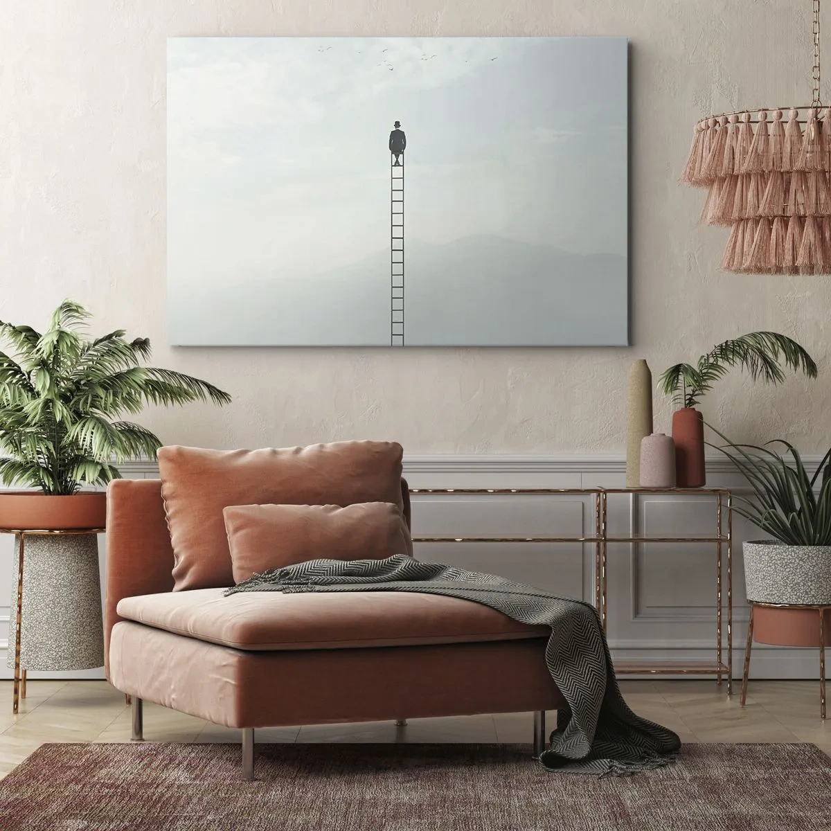 Lærredstryk - Billede på lærred - En mand på en stige stiger op mod himlen - 70x50cm - Stig yderligere - Moderne vægdekoration til stue og soveværelse ARTTOR
