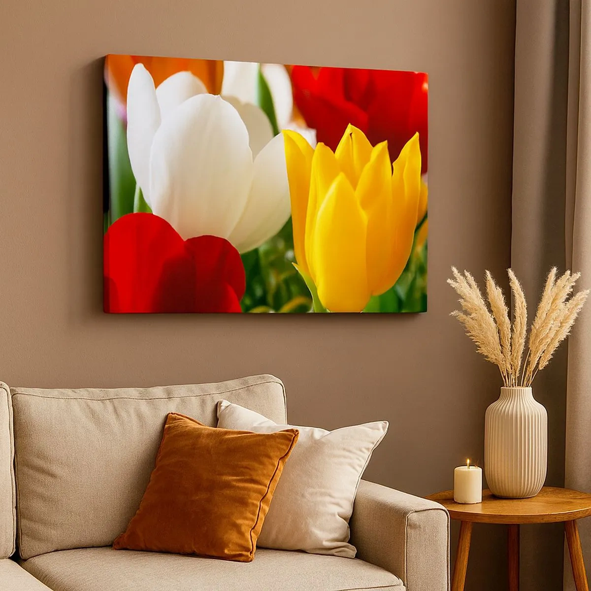 Lærredstryk - Billede på lærred - Nærbillede af farverige tulipaner mod en forårsbaggrund - 70x50cm - Tulipanfeber - Moderne vægdekoration til stue og soveværelse ARTTOR