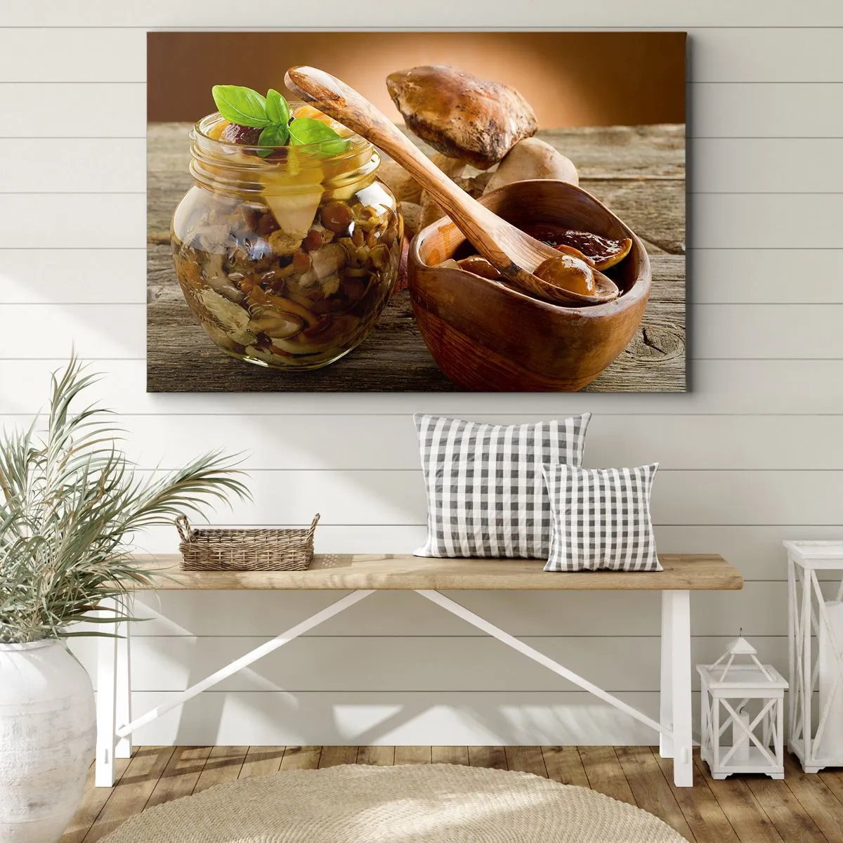 Lærredstryk - Billede på lærred - Naturlige svampe i en krukke på et rustikt bord - 70x50cm - Frisk, saltet eller efterårssaltet.... - Moderne vægdekoration til stue og soveværelse ARTTOR