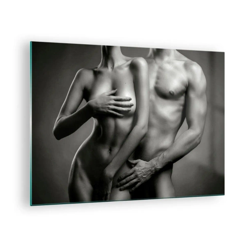 Billede på glas - Sort-hvid komposition med nøgne silhuetter af et par - 70x50cm - Adam og Eva - Moderne vægdekoration til stue og soveværelse ARTTOR
