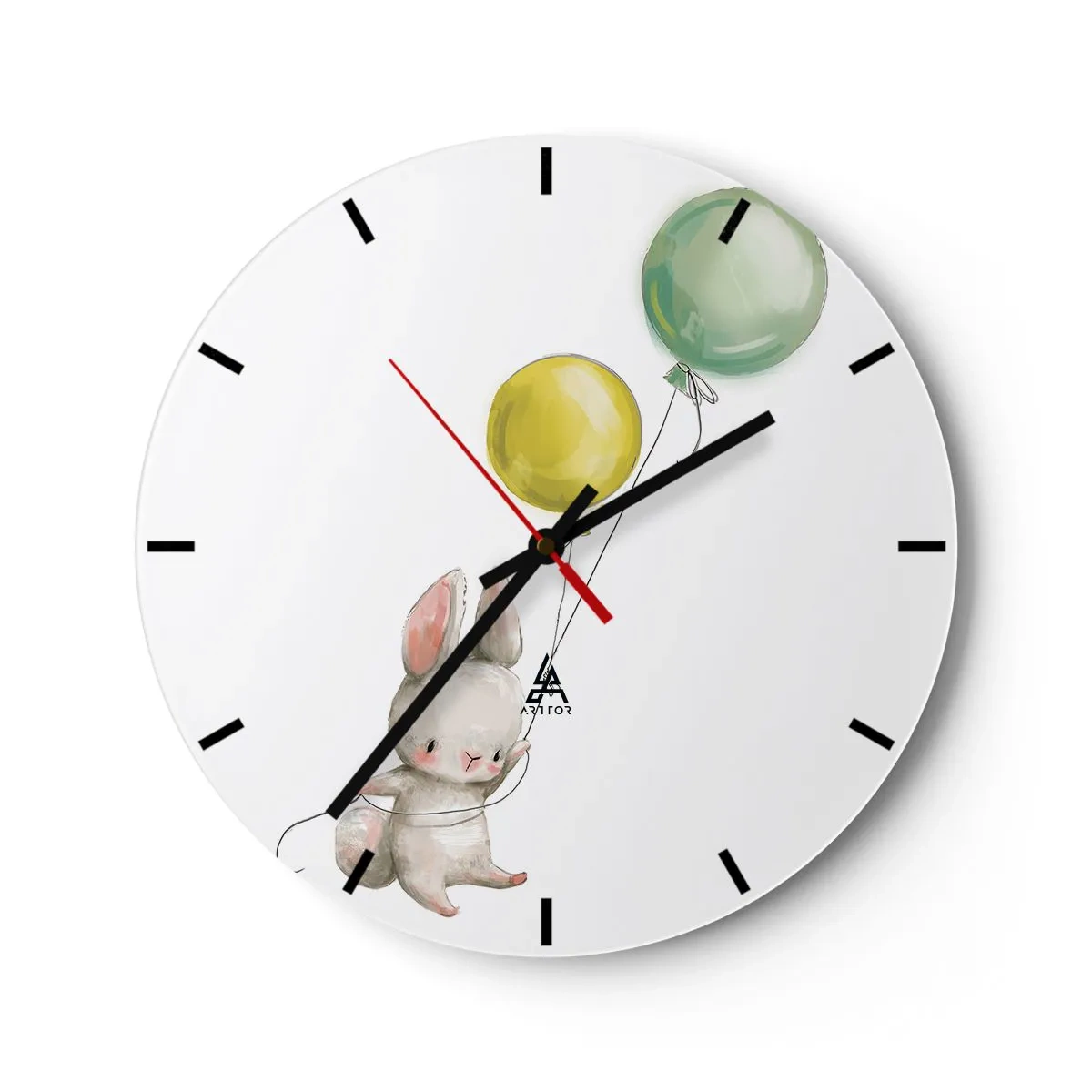 Vægur, Uret - En kanin, der holder en grøn og gul ballon, der svæver i luften - 30x30cm - Jeg vil også anbefale den! - Moderne vægdekoration til stue, køkken og soveværelse ARTTOR