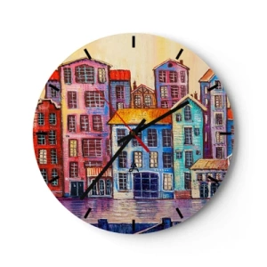 Vægur, Uret - Farverige lejlighedshuse spejlet i vandet i impressionistisk stil - 30x30cm - En by som et eventyr - Moderne vægdekoration til stue, køkken og soveværelse ARTTOR
