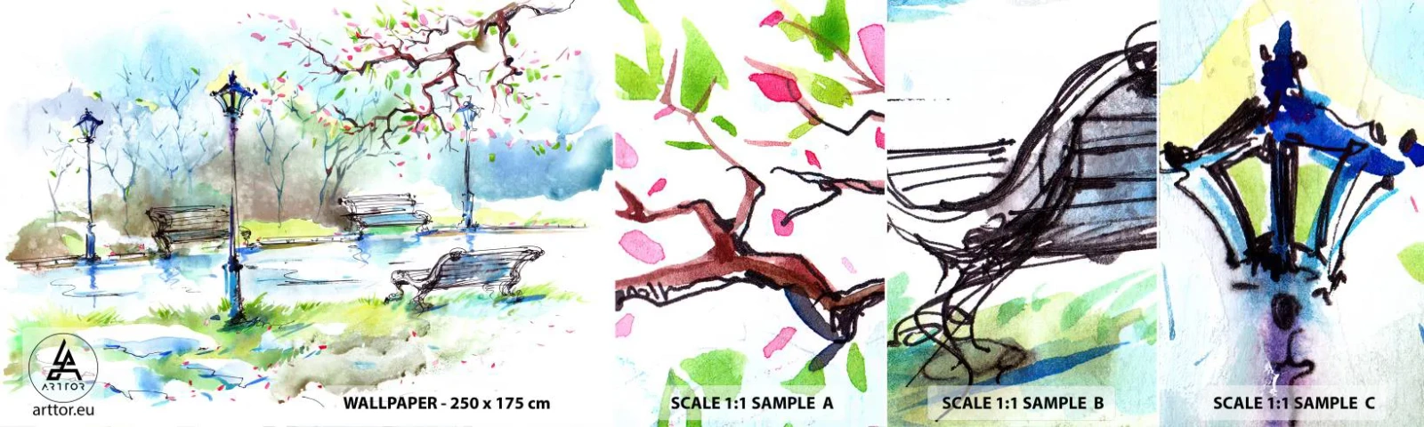 Prøve Fototapet Selvklæbende Deluxe Sticker - Den magiske stilhed i parken - Landskab, Parkere, Park Alley - 100x30 cm