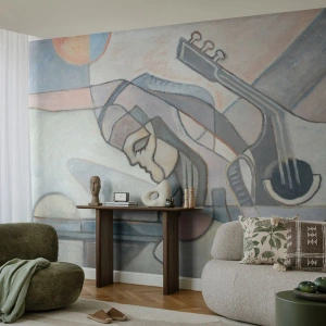 Fototapet Standard Eco - Abstrakt portræt af en kvinde med en guitar i grå nuancer. - 100x70cm - I musikkens kraft - Moderne vægdekoration til stue og soveværelse ARTTOR