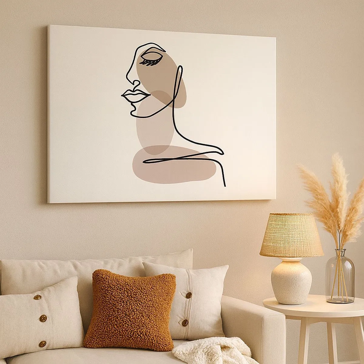 Lærredstryk - Billede på lærred - Minimalistisk kvindeansigt med abstrakte pletter - 70x50cm - Lytter til sig selv - Moderne vægdekoration til stue og soveværelse ARTTOR