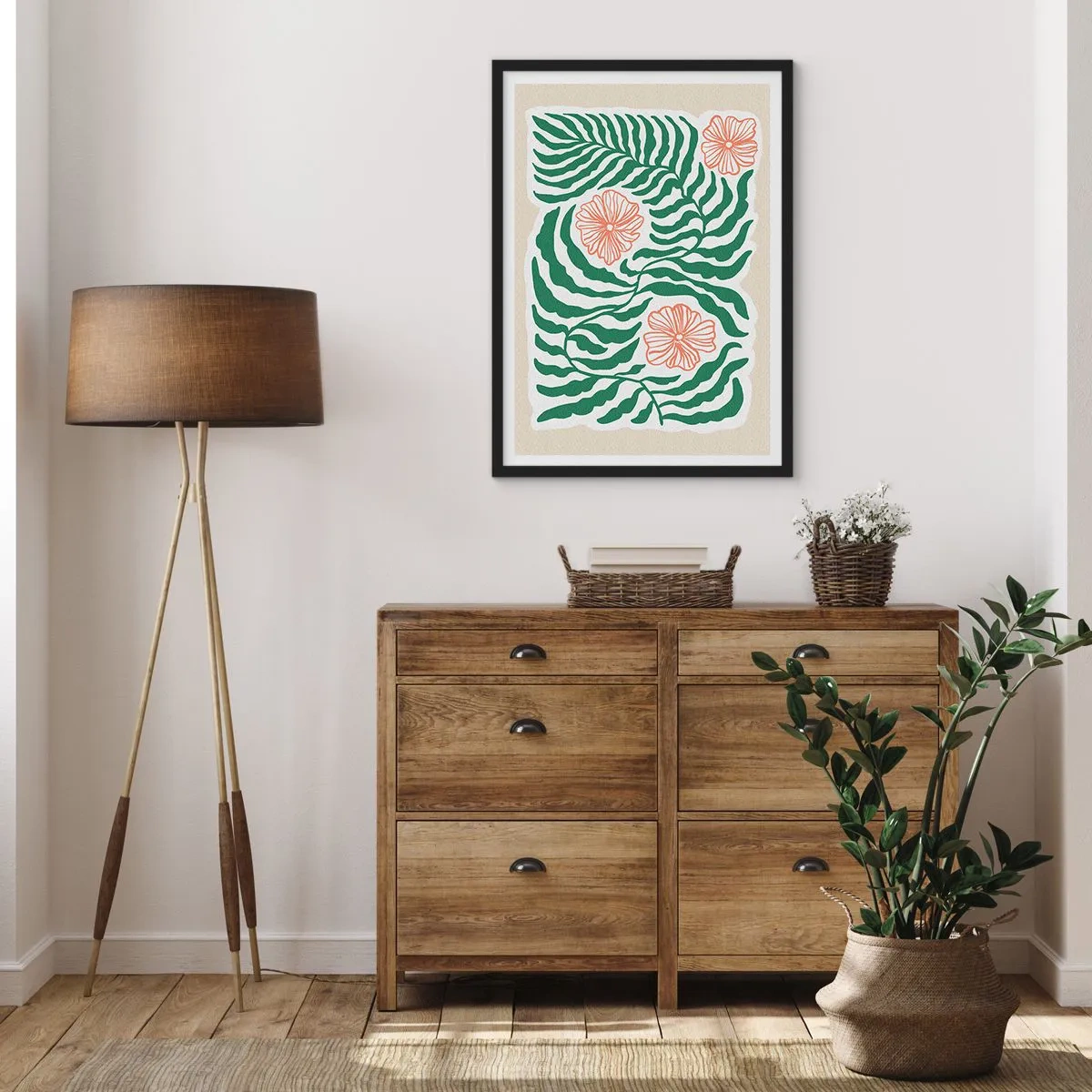 Plakat i sort ramme - Abstrakt grafik af blade og blomster på en beige baggrund - 50x70cm - Blomstrede i grønt - Moderne vægdekoration til stue og soveværelse ARTTOR